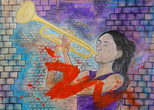 woman playing a trumpet, acrylic painting on canvas, artwork